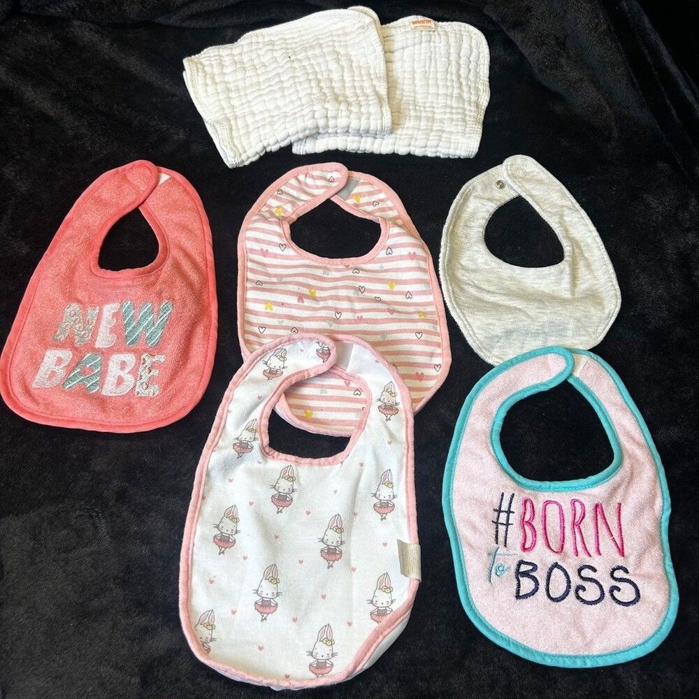 Baby Girl Bibs and Burp Cloths Lot of 7 Pink White Gray Bunny Mukin Muslin